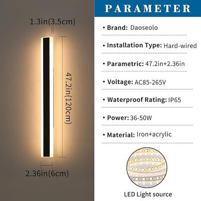2 Pack Long Outdoor Wall Sconce, 47.2inch Modern Exterior Light Fixture, IP65 Waterproof, 3000K-6000K Dimmable with Remote Control, Linear Wall Mount Lighting for Patio, Garden, Garage