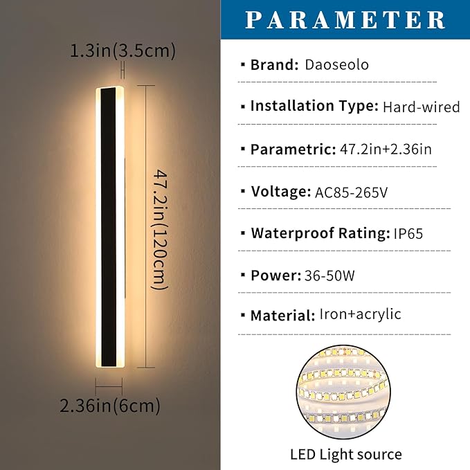2 Pack Long Outdoor Wall Light, 47.2inch Modern Wall Sconce, 3000K Warm White, IP65 Waterproof, White Acrylic, 42W Minimalist Exterior Light Fixture for Garage, Patio, Porch, Garden