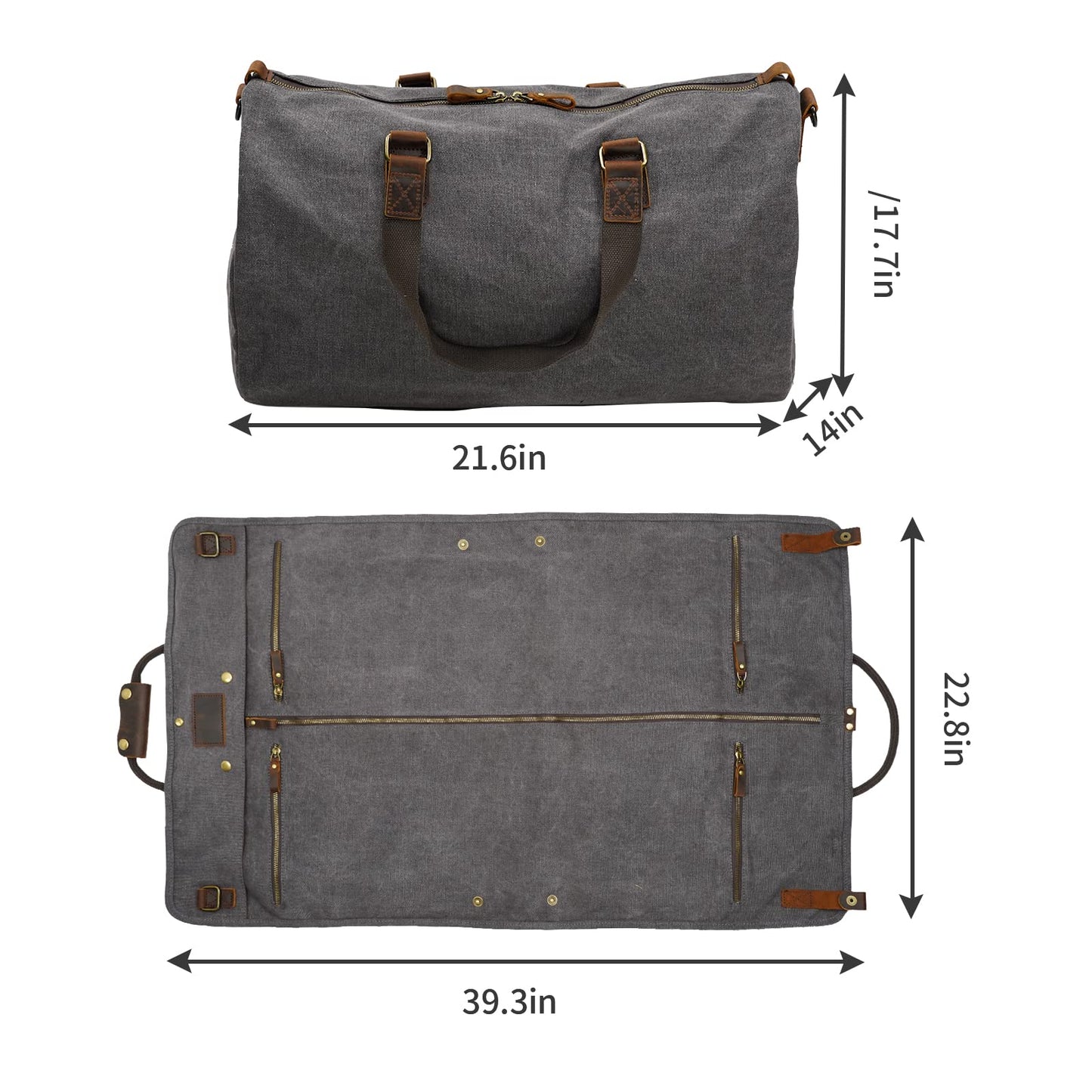 2 in 1 Suit Garment Duffle Convertible Carry-on Bag With Canvas Leather Shoulder Strap for Travel, Business Trips, Storage - Hangding Suit, Clothes, Dresses, Shoes (Gray)