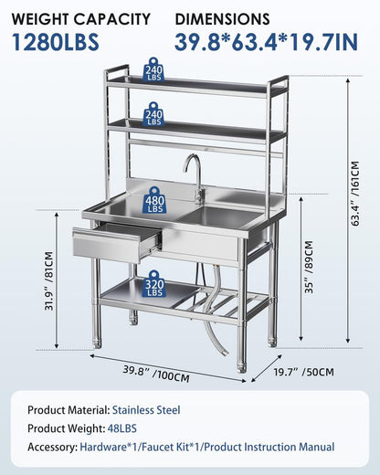 JFHID Stainless Steel Utility Sink with Shelves, Free Standing Single Bowl Commercial Kitchen Sinks with Drawer & Water Pipes, Stainless Steel Prep Table Countertop Workbench for Home Restaurant