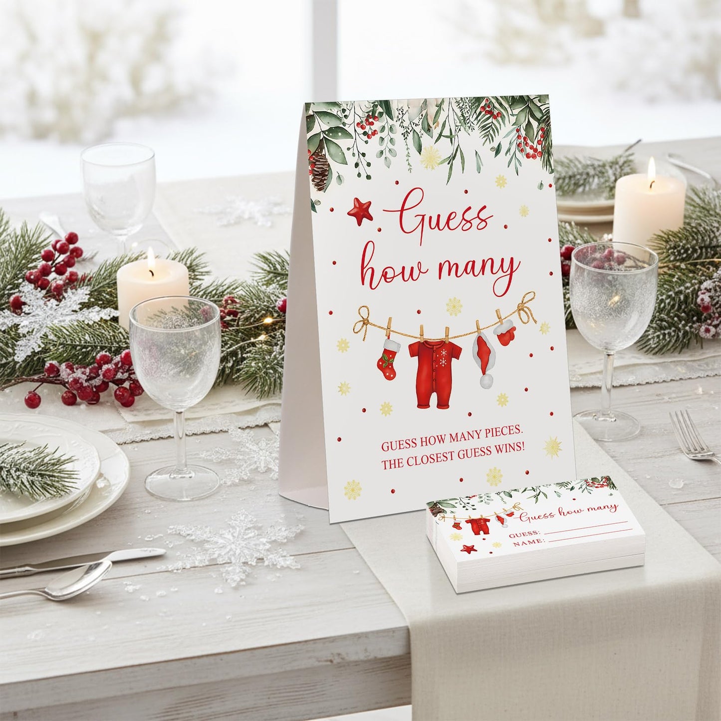 Lerheedi Christmas Guess How Many Baby Shower Game Pack of 1 Tabletop Sign with Stand and 50 How Many Cards, Christmas Gender Reveal Party Game Decorations(Santa)