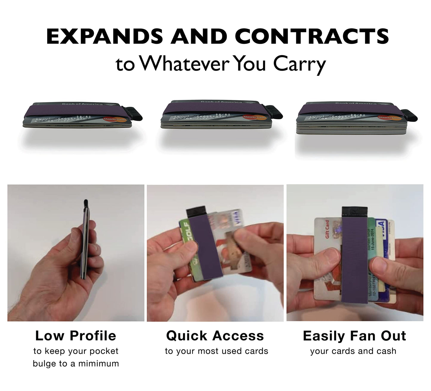Modern Carry Quick Draw Minimalist Wallet for Men & Women, Elastic Band Minimal Credit Card Holder with Leather Tab, Card Grabber for Long Nails, Money Clip Alternative (Black) (Purple)