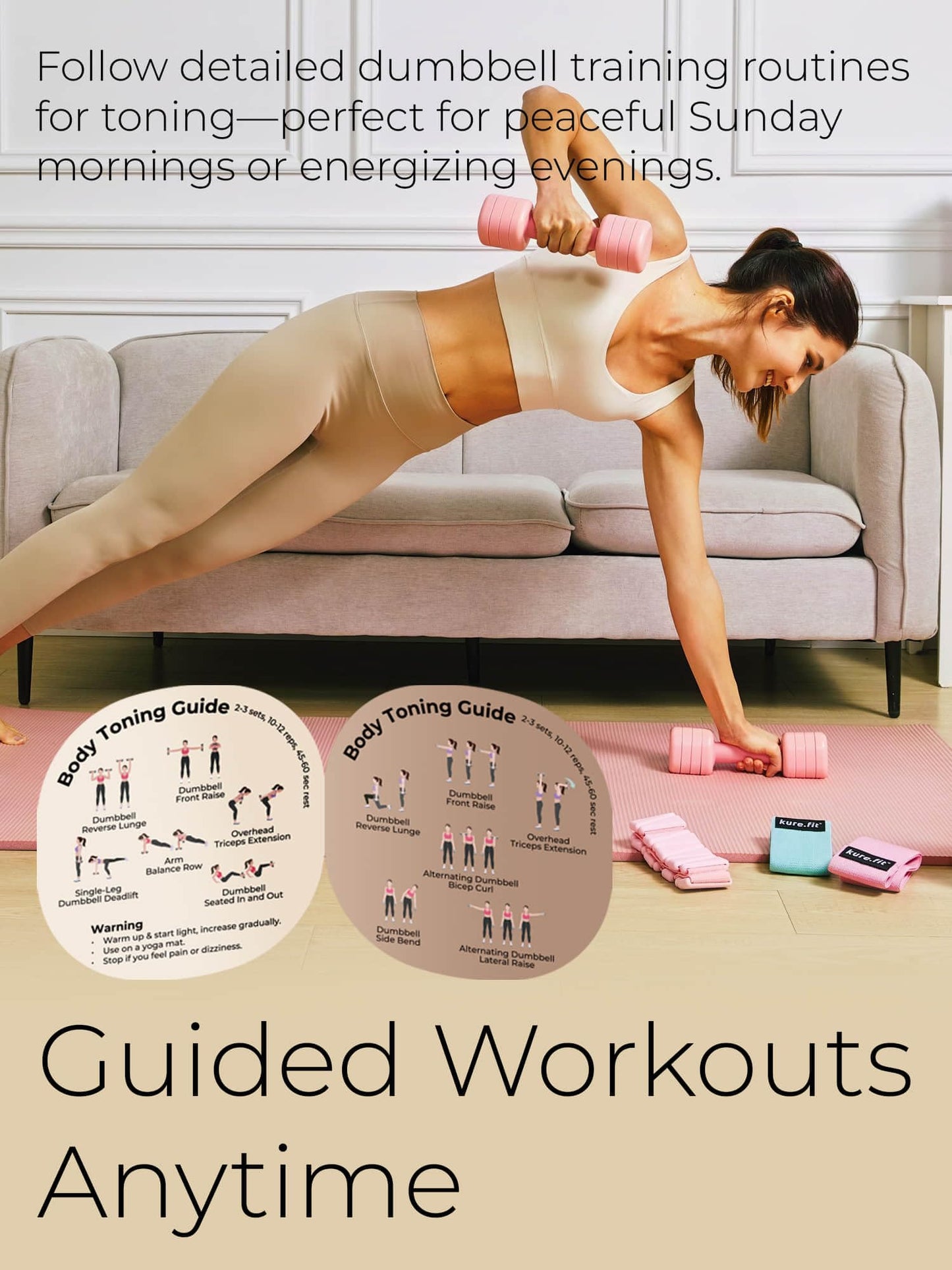 kure.fit Adjustable Dumbbell Set｜2LB 3LB 4LB 5LB Light Hand Weights for Women｜One-Twist Weight Adjustment｜Non-Slip Curved Grip Handle｜Free Weights for Home Gym, Rehab, Pilates, Yoga, Strength Training