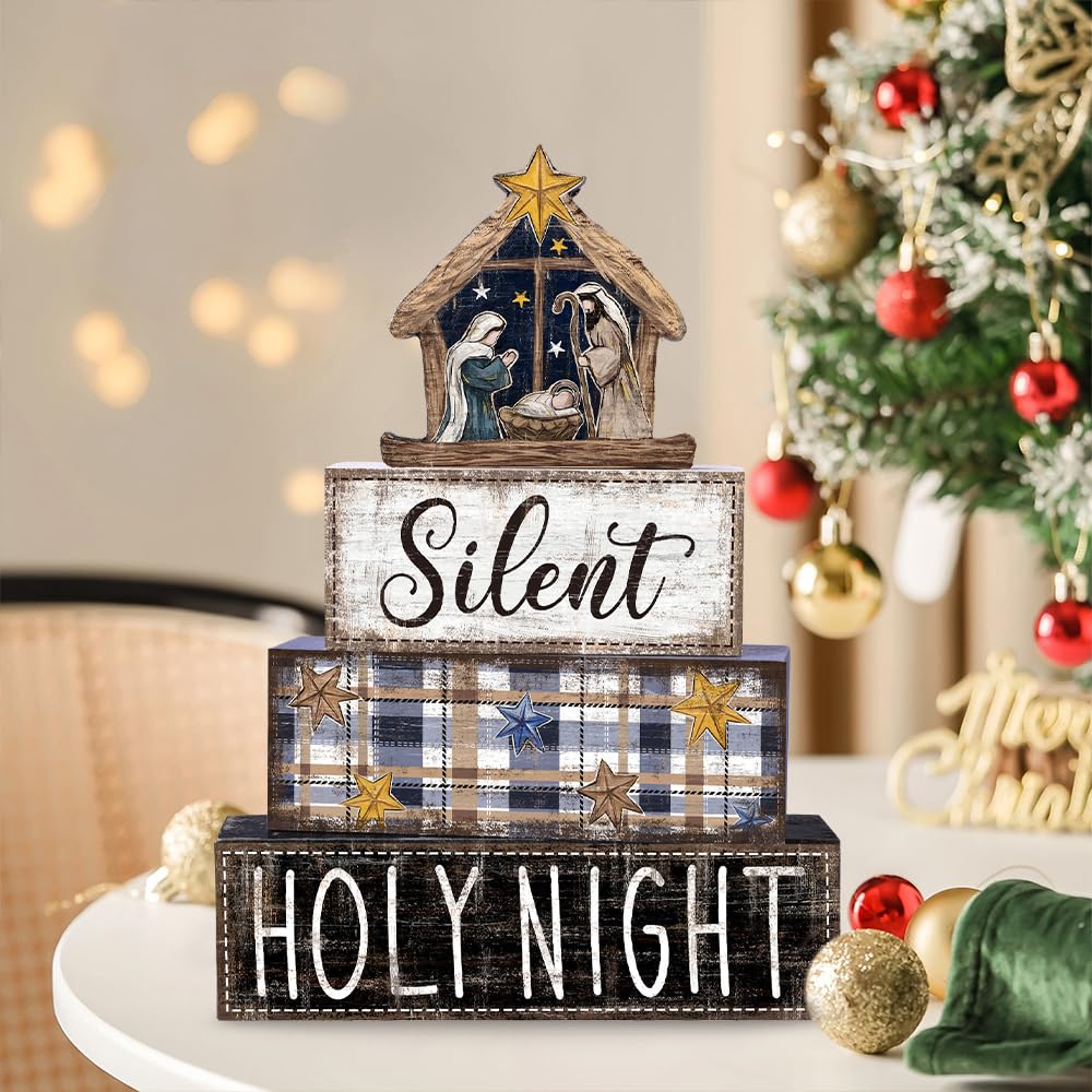 DIYDEC 4Pcs Christmas Table Decoration Christmas Jesus Wooden Block Sign Xmas Tiered Tray Decor Winter Centerpiece Decorative Sign for Holiday Tabletop Coffee Fireplace Shelf Desk Party Decor