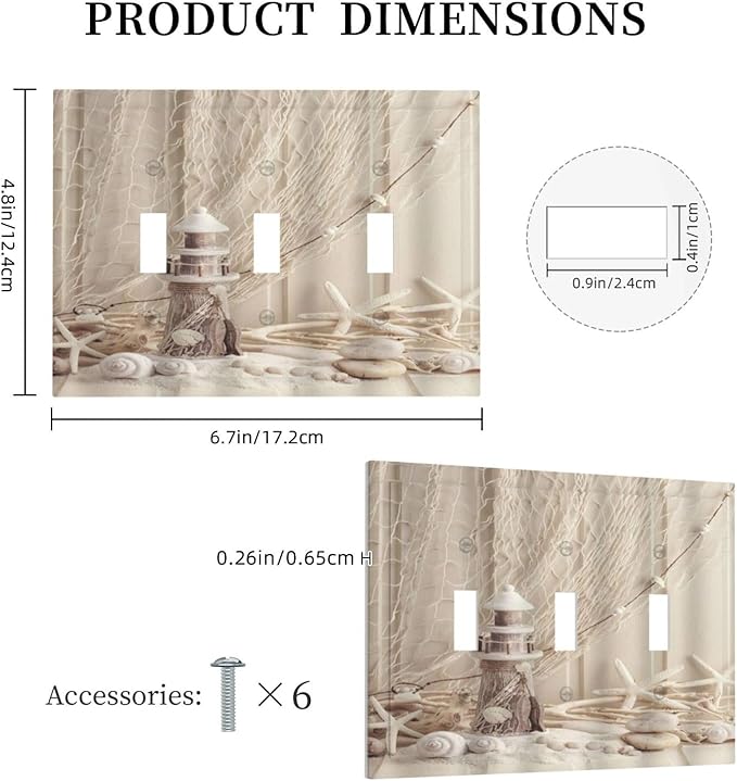 Nautical Coastal 3 Gang Light Switch Covers Seashell Fishing Net Ocean Lighthouse Starfish Triple Toggle Wall Plate Decorative Switchplate Electrical Faceplate Beach Theme Decor