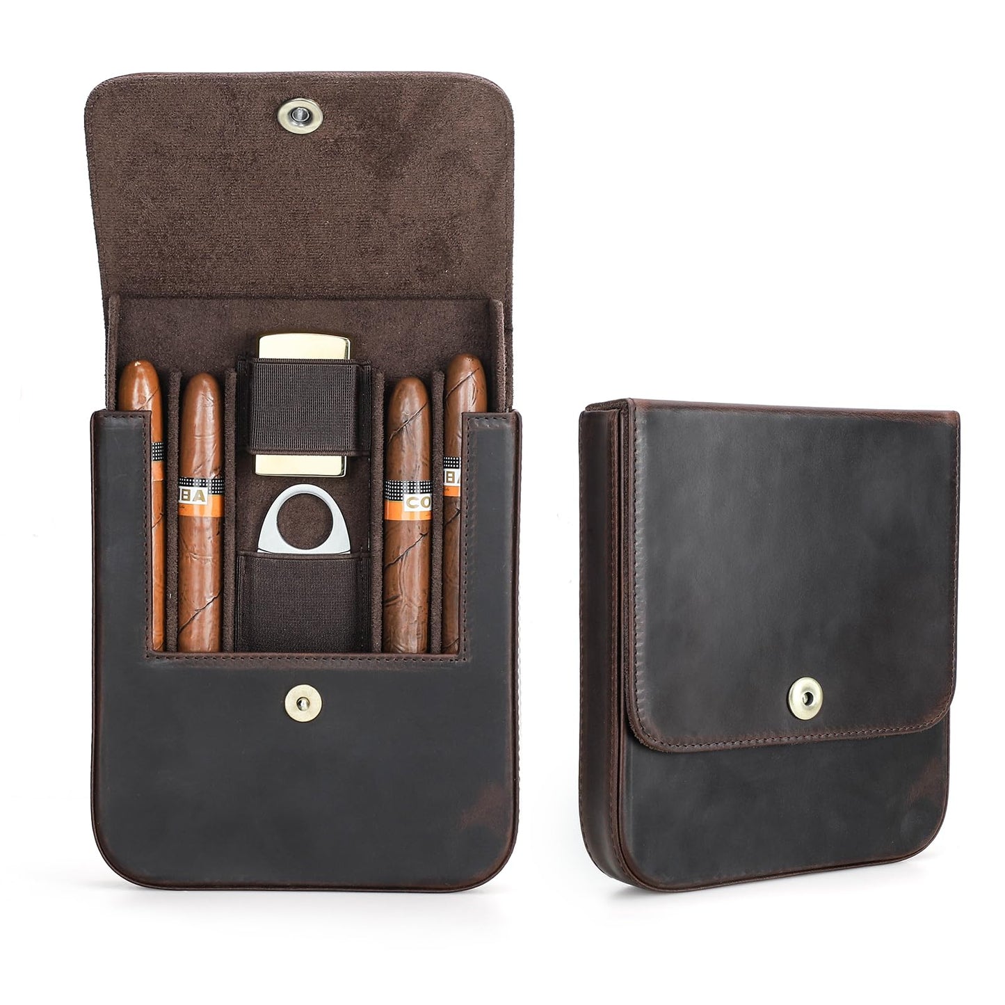 Hiram Vintage Leather Cigar Case for 4 Cigars Travel Cigar Holder with Fisheye Magnetic Buckle Includes Lighter & Cutter Slots Fits 60 Ring Gauge & 6.5 Inch Length Cigars Retro Portable Pouch