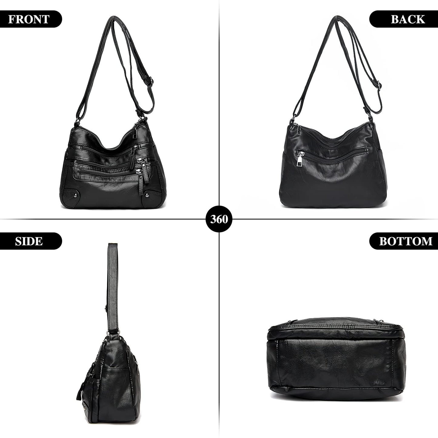 WITERY Small Crossboby Bag for Women - Soft PU Leather Purses Multi-Pocket Shoulder Bag Handbag with Adjustable Strap, Vintage Ladies Medium Roomy Travel Purses Zipper Hobo Totes (Black)