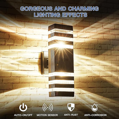 2 Pack Motion Sensor Outdoor Wall Light Fixture Up Down Porch Lights Modern Dusk to Dawn Exterior Sconce Light Wall Mount Outside Coach Lantern for House Front Door Garage (With 4 Dimmable Warm Bulbs)