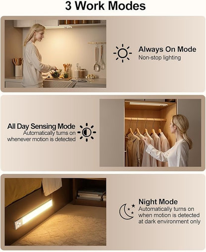 Under Cabinet Lighting, LED Motion Sensor Light Indoor with 3 Color Dimmable, 2000mAh Battery Operated Closet Lights Rechargeable Lamp, Magnetic Under Counter Night Lights Used in Cabinet (12 inches)
