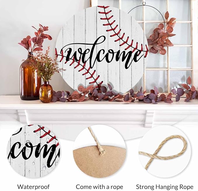 Welcome Sign for Front Door Welcome Baseball Door Sign 12In Wooden Wreath Wall Hanging Sign for Indoor Outdoor Seasonal Decor