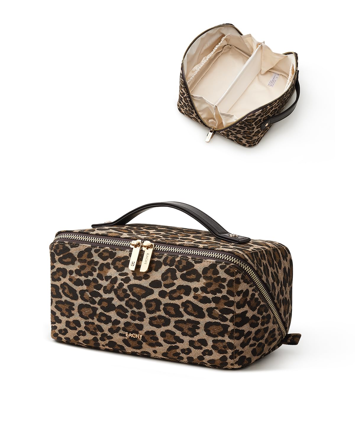EACHY Travel Makeup Bag for Women, Large Leopard Print Cosmetic Bag with Upgraded Sturdy Zippers, Waterproof Leather Toiletry Organizer Pouch for Skincare Accessories