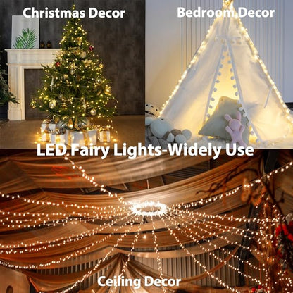 Warm White 100Ft Plug in Fairy Lights Silver Wire 300 LEDs, 8 Modes, Waterproof, Remote - Controlled for Bedroom, Garden, Party, Christmas, Wedding & Birthday Decor, Indoor & Outdoor Use