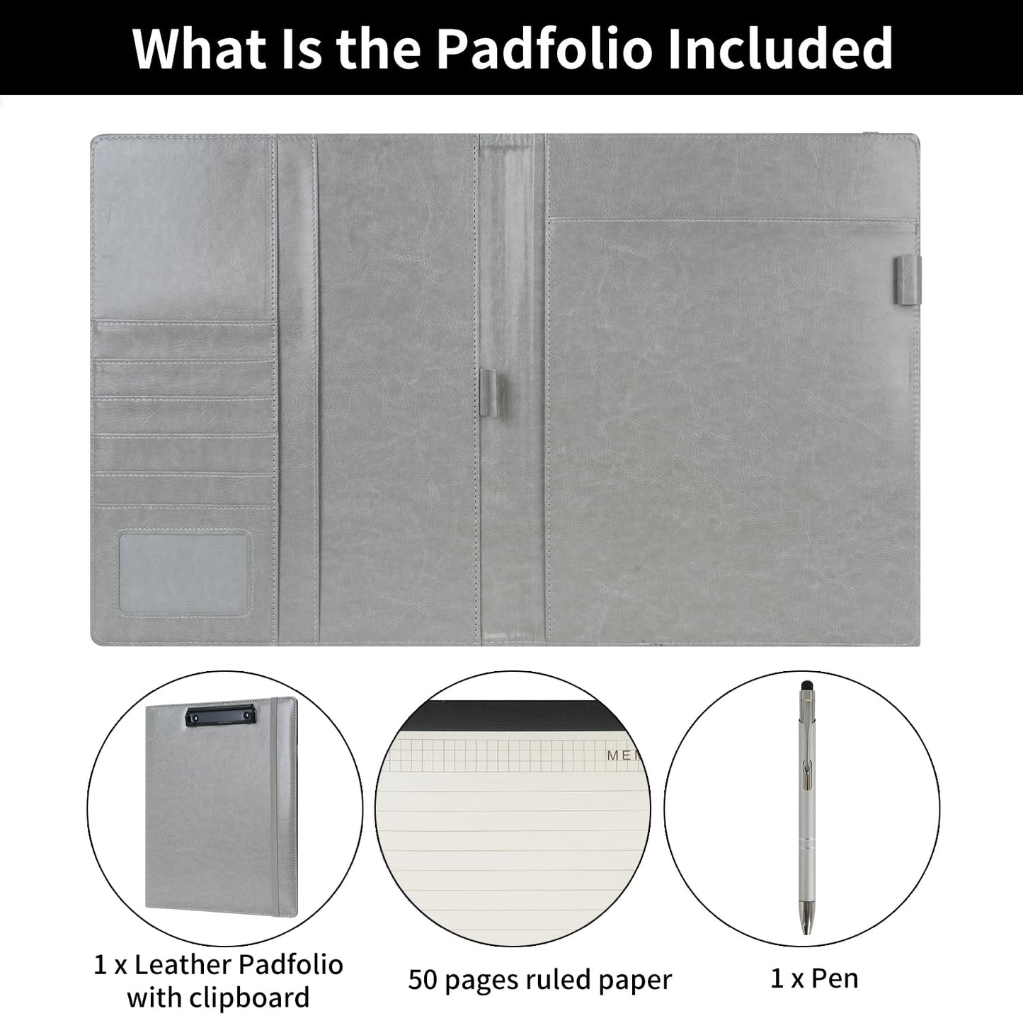 Wonderpool A4 PU Leather Clipboard Partfolio Notepad Forms Holders Document Case - Interview Planner Meeting Writing Padfolio File for Office Travel School Hotel (Grey, A4)