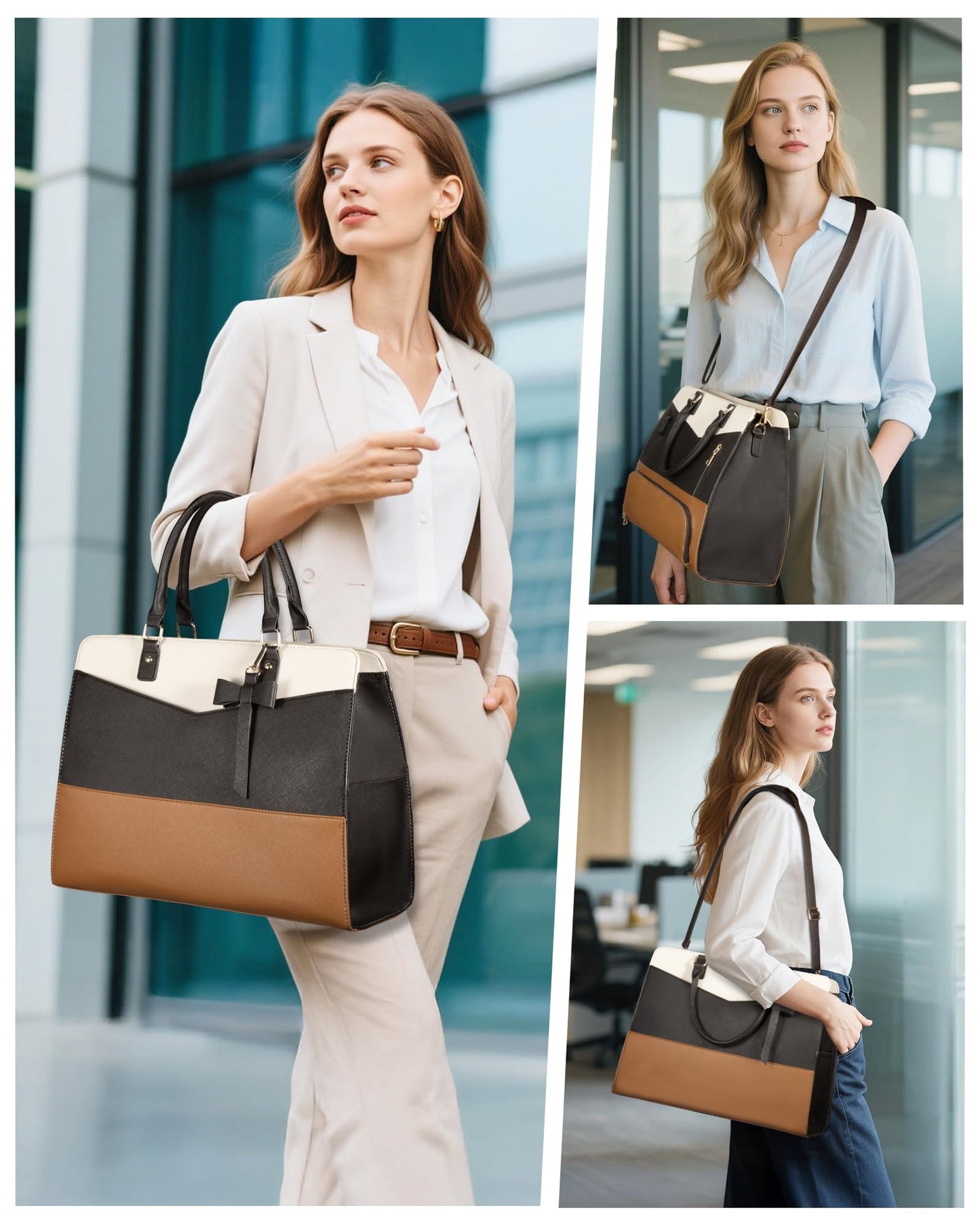 Tiostep Lunch Tote Bag for Women 2 in 1 Laptop Work Bag with Lunch Insulated Compartment and Purse Combo Leather Crossbody Bag (Black Brown)