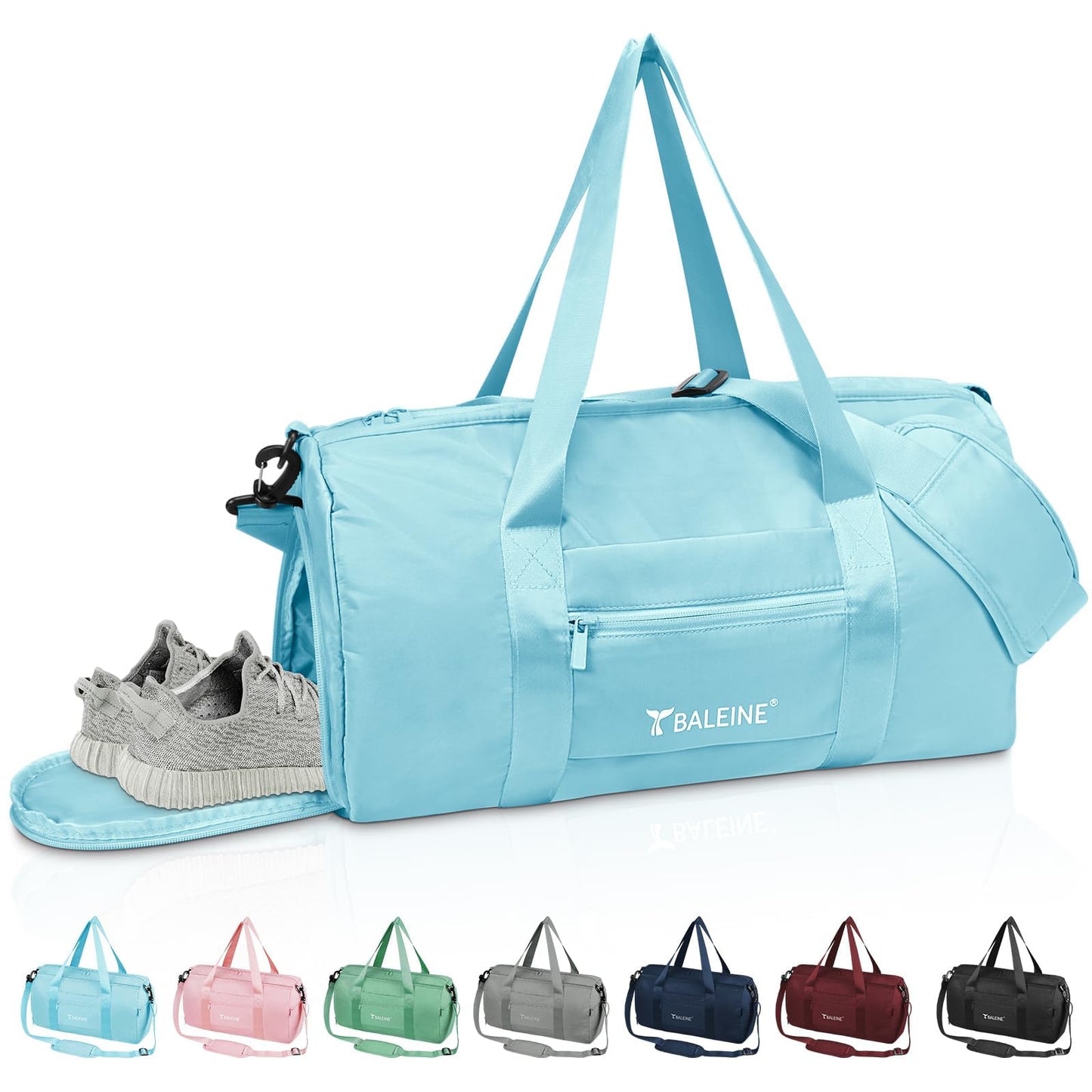 BALEINE Gym Duffel Bag for Women and Men, Small for Sports, Gyms and Weekend Getaway, Waterproof Dufflebag with Shoe and Wet Clothes Compartments, Lightweight Carryon Gymbag (Azure)