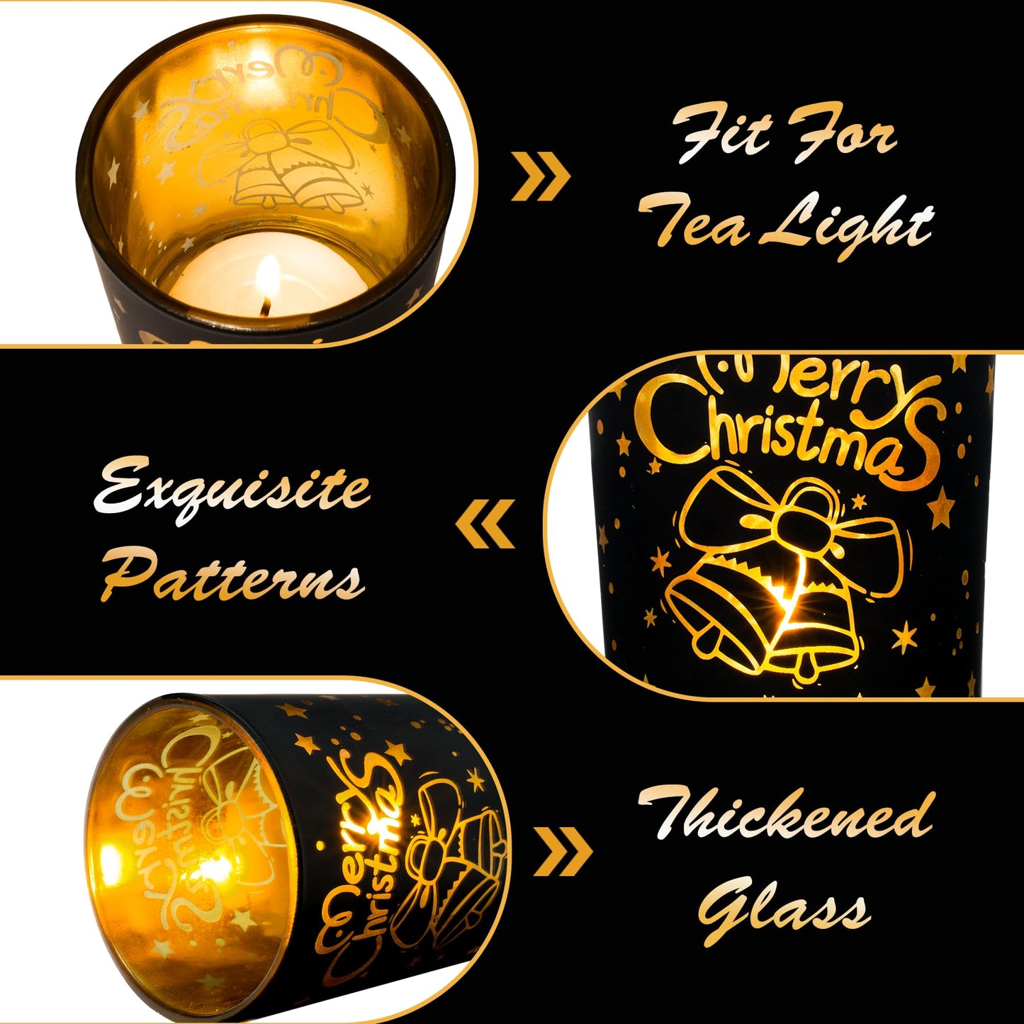 Christmas Votive Candle Holders, Set of 6 Black Gold Tealight Candle Holder for Christmas Table Centerpieces, Small Glass Tea Light Holders with Snowflake Reindeer Gingerbread Man for New Year Holiday