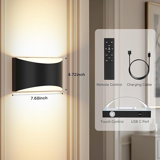 FOLKSMATE Battery Operated Wall Sconces Set of 2, 8000mAh Rechargeable Wireless Remote & Touch Control Wall Lamps, 3 Color Temperatures, Timer Cordless Dimmable Light for Bedroom, Living Room, Hallway