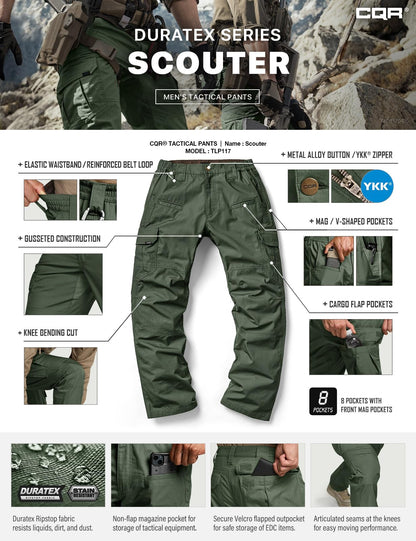 CQR Men's Tactical Pants, Water Resistant Ripstop Cargo Pants, Lightweight EDC Work Hiking Pants, Outdoor Apparel, Raider Green Kelp, 34W x 32L