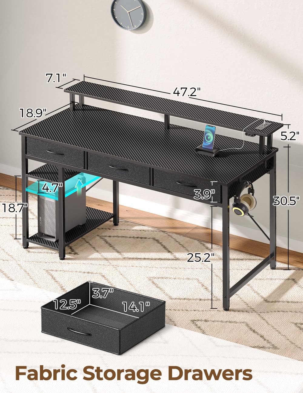 Rolanstar Computer Desk with Power Outlets & LED Light, 47 inch Home Office Desk with 3 Drawers and Storage Shelves, Writing Desk with Monitor Stand, Modern Work Desk for Home Office, Carbon Black