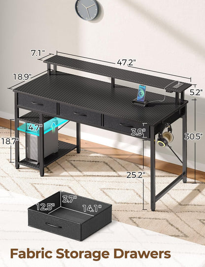 Rolanstar Computer Desk with Power Outlets & LED Light, 47 inch Home Office Desk with 3 Drawers and Storage Shelves, Writing Desk with Monitor Stand, Modern Work Desk for Home Office, Carbon Black