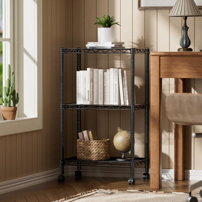 SINGAYE 3 Small Shelves Storage Shelf Wire Shelving Unit Metal Shelf Adjustable Organizers Storage Shelving with Wheels for Bathroom Laundry Room Kitchen Pantry11.6”D x 17.6”W x 30”H Black