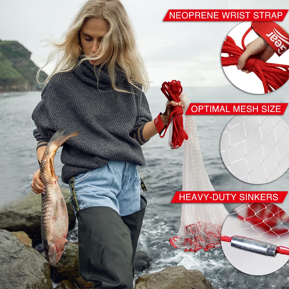 BasicGear Cast Net | Zinc Iron, 3ft Radius, 1/4 inch Mesh for Freshwater and Saltwater Bait Fish | Professional Grade and Upgraded Material | Throw Style