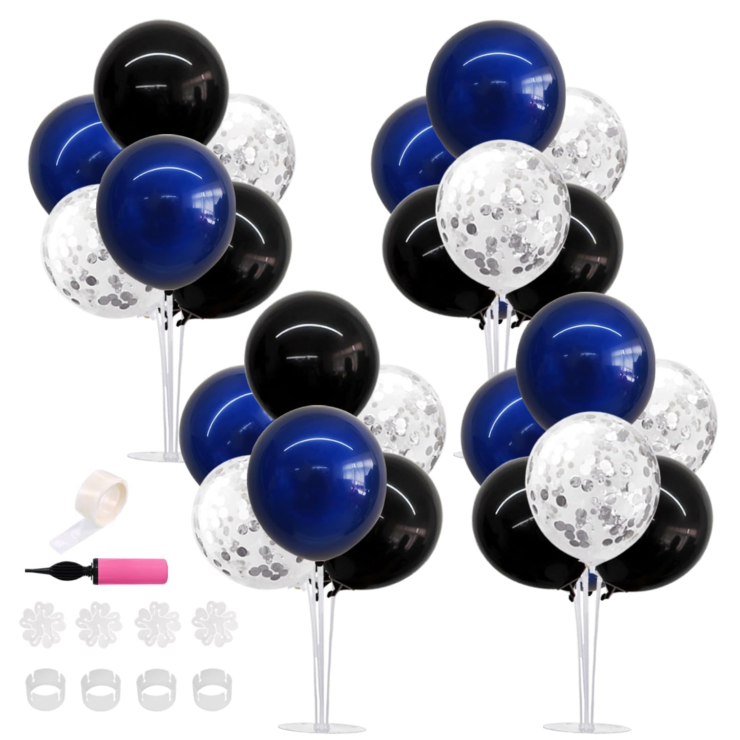 TONIFUL 4 Set Black Blue Silver Confetti Balloon Centerpieces for Table,Balloon Stand Kit for Graduation Decorations 2026 Blue Party Decorations,Retirement,Anniversary,Birthday Decoration for men