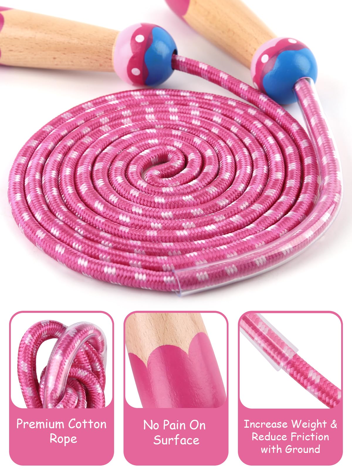 Jump Rope for Kids, Lorvain Adjustable Skipping Rope, Kids Jump Ropes with Wooden Handle for Girls Boys, Weighted Jumping Ropes for Fitness Workout Exercise Outdoor Fun Activity