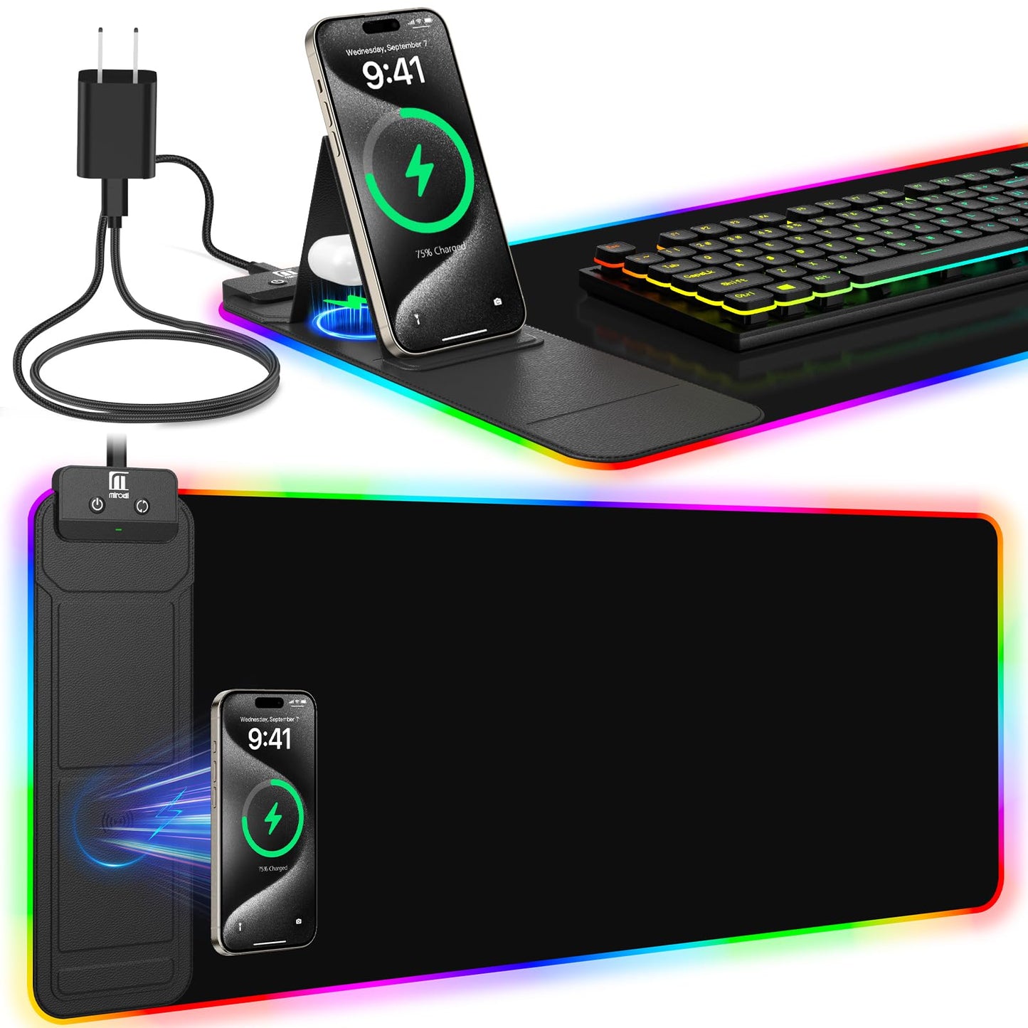 RGB Mouse Pad with Foldable Phone Stand Wireless Charger, 31.5"x11.8" XL Gaming Mousepad Large Desk Mat, Desk Pad with 11 Colors 5 Modes, Waterproof (Black with PD Adapter)