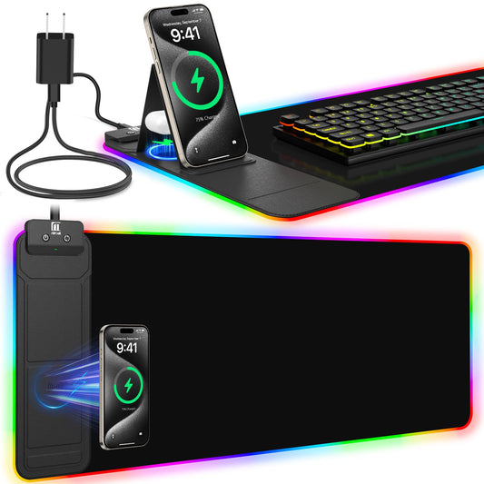 RGB Mouse Pad with Foldable Phone Stand Wireless Charger, 31.5"x11.8" XL Gaming Mousepad Large Desk Mat, Desk Pad with 11 Colors 5 Modes, Waterproof (Black with PD Adapter)