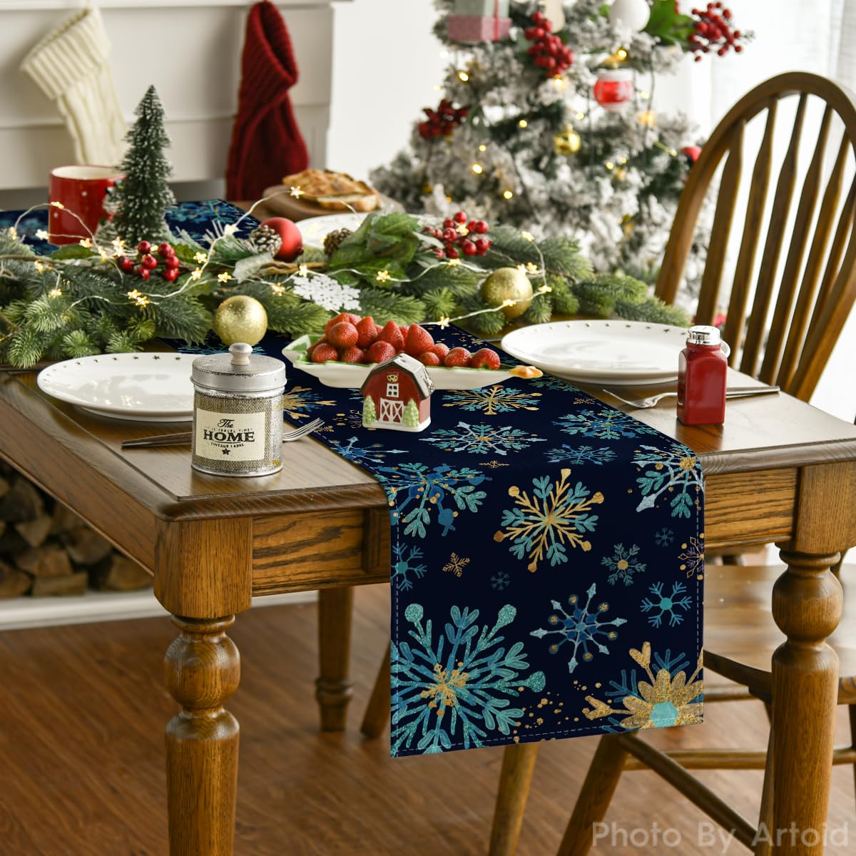 Artoid Mode Blue Snowflakes Hexagon Winter Table Runner, Seasonal Christmas Kitchen Dining Table Decoration for Outdoor Home Party 13x90 Inch