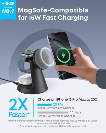 Anker MagSafe Charger Compatible, MagGo 3-in-1 Charging Station, Nano Charging Stand, Qi2 Certified 15W Magnetic Wireless Charger Dock, for iPhone17/16/15/14, Apple Watch,AirPods (Adapter Included)