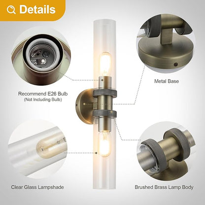 2 Light Bathroom Vanity Light Brushed Bronze, Bathroom Light Fixtures Side Mirror,Hallway Vanity Lights Fixtures, Modern Wall Lamp for Bedroom with Glass Shade