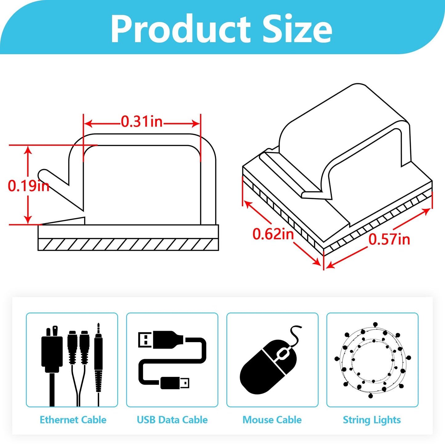 Abnii 100PCS Cable Clips, Adhesive Wire Clips Organizer Cord Clips Management, Cable Staples Outdoor Strong for Wall, Desk, Christmas Lights, String Lights, TV PC Ethernet Cable, Clear Small
