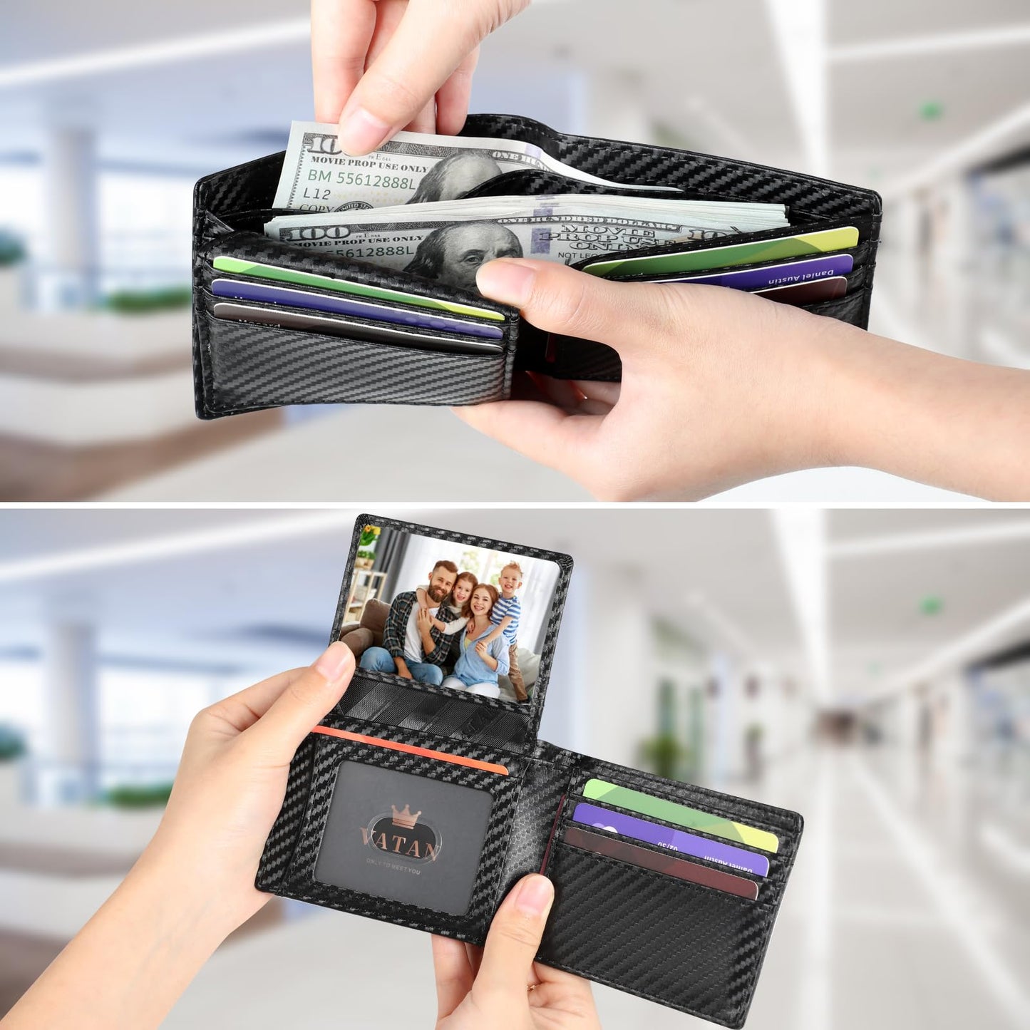 VATAN Wallet for Men Slim RFID Blocking Leather Credit Card Holder Wallet for 15 Cards, Bifold Minimalist Thin Wallet with 2 ID Windows & Cash Slot, With Gift Box (Carbon Fiber Black)