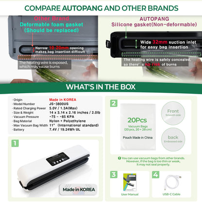 AUTOPANG Automatic Vacuum Sealer Machine, Cordless Food Preserver with 85Kpa Suction & Pulse Mode, Durable Silicone Chamber, Includes 20 Exclusive Sealer Bags