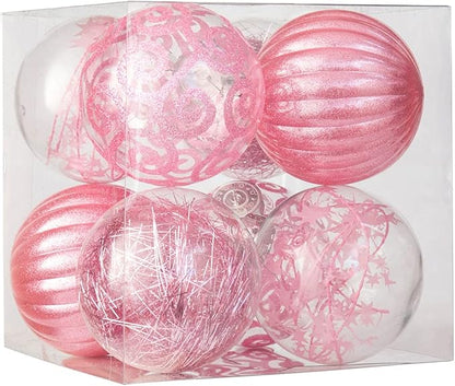 XmasExp 8ct Christmas Ball Ornaments Set -Large Clear Plastic Shatterproof Xmas Tree Ball Hanging Baubles Stuffed Delicate Glittering for Holiday Wedding Xmas Party Decoration (100mm/3.94",Pink)