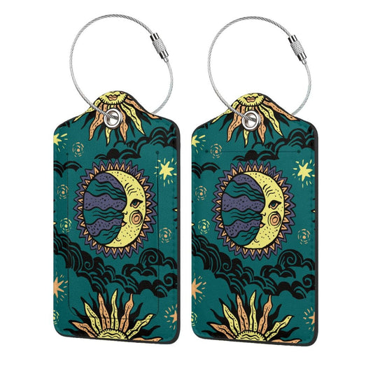 2 Pcs Luggage Tags for Suitcase, Cute Unique PU Leather Travel Bag Tag with Privacy Cover ID Label Address Card and Durable Metal Ring Suitable for Men Women Backpack (Cute Sun Moon Face)