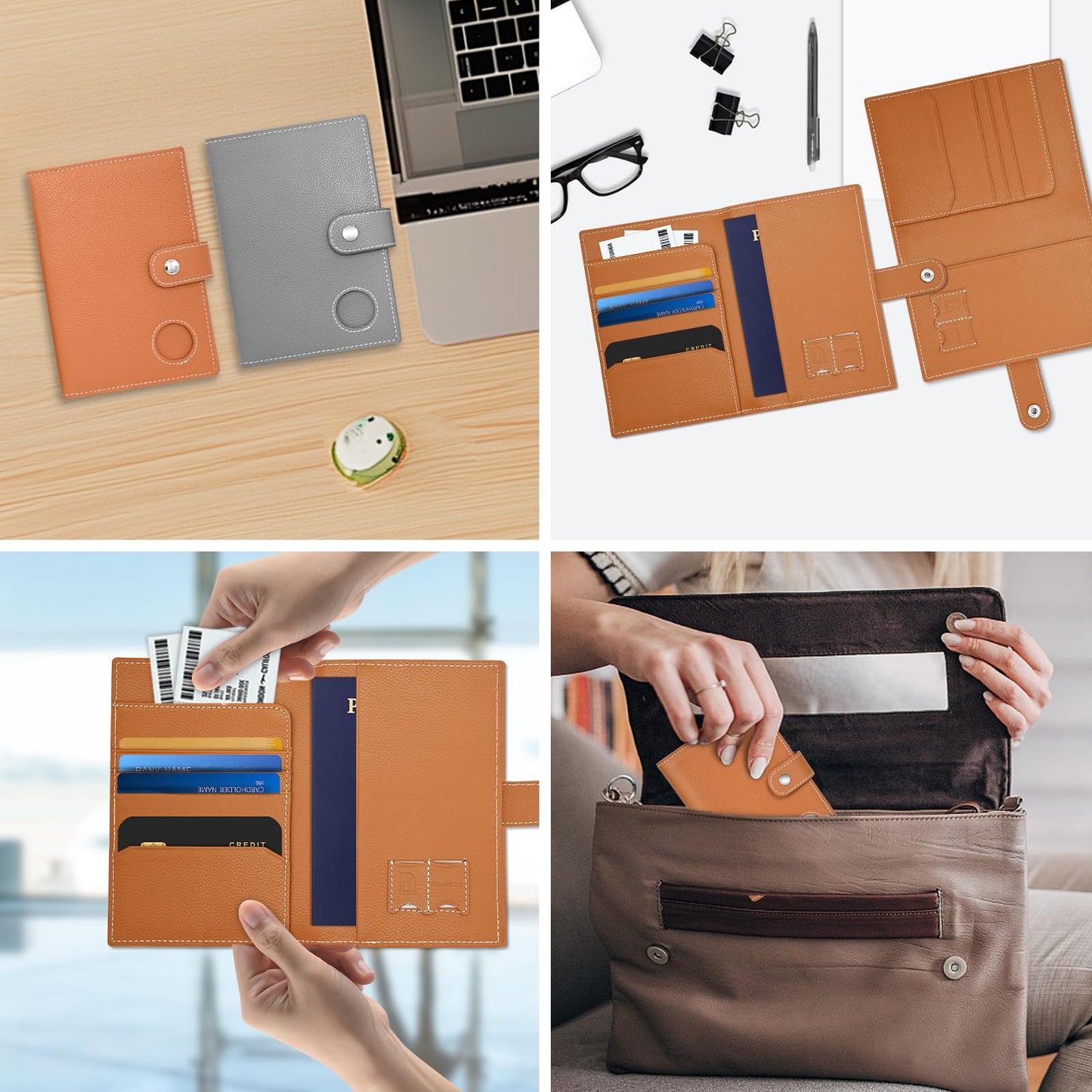 Genuine Leather Passport Holder for Travel, RFID Blocking Passport Wallet with Tracker Holder, Slim Passport Cover Travel Wallet for Women Men, Airport Essentials (Brown)