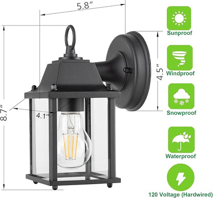 LIT-PaTH Outdoor Wall Lantern, Wall Sconce as Porch Lighting Fixture, E26 Base, Aluminum Housing Plus Glass, Water-Proof and Outdoor Rated, ETL Qualified, 1-Pack, Black