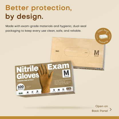 SUP Powder-Free Nitrile Exam Gloves, 100 Count Food Safe Latex-Free Disposable Gloves for Medical Cooking Cleaning Food Prep, Tan (Medium)