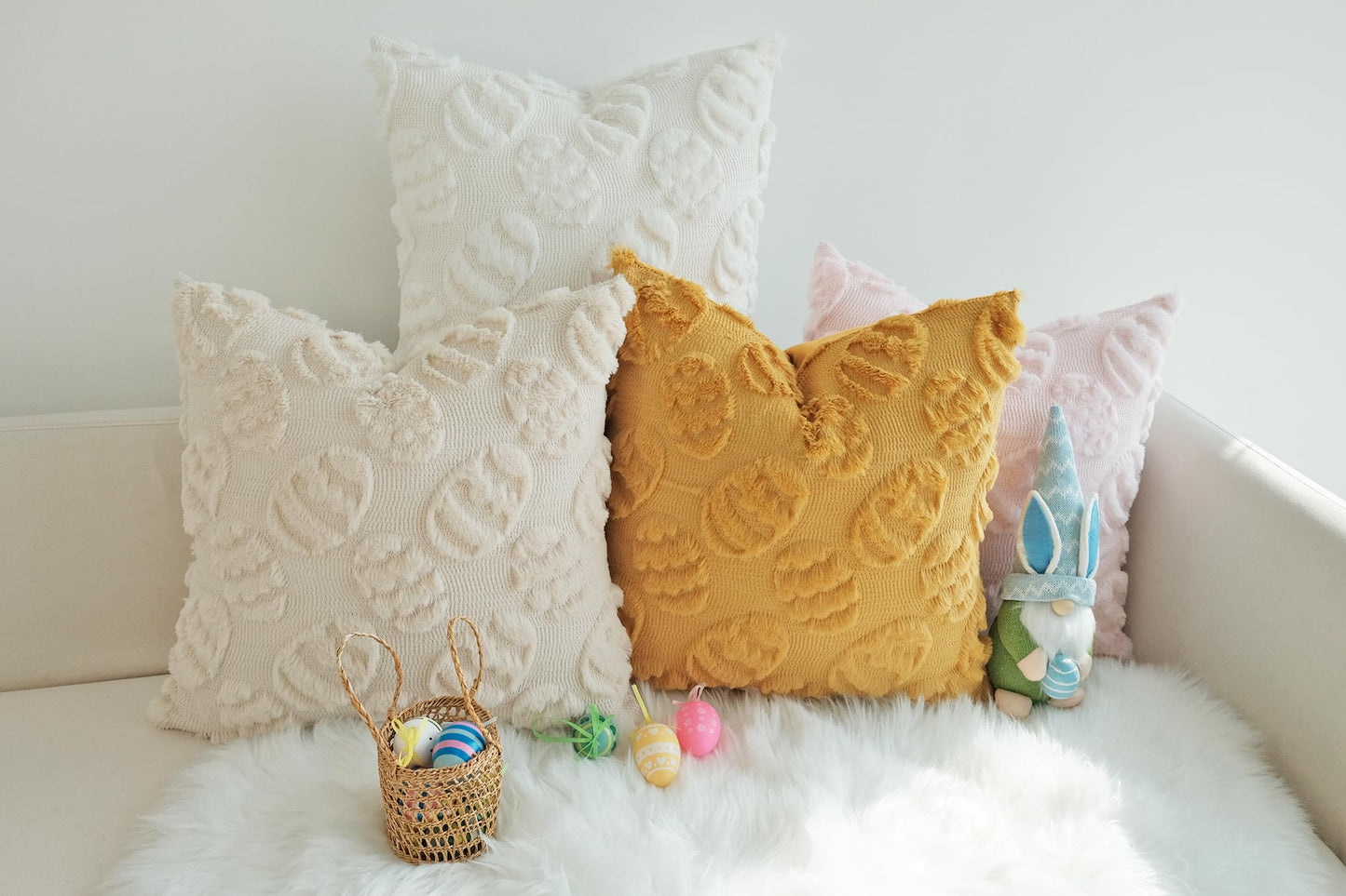 JOJUSIS Decorative Pillow Covers Pack of 4 Spring Throw Pillowcases Faux Fur Couch Cushion Easter Egg 18 x 18 Inch