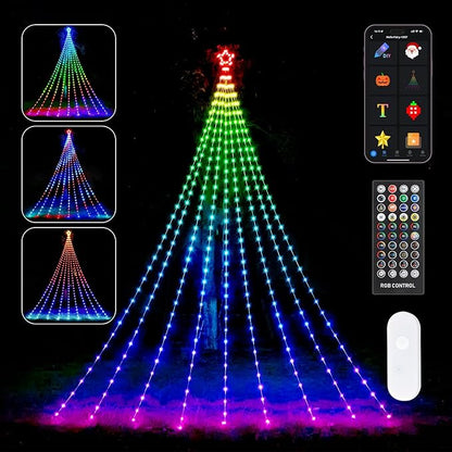 Outdoor Halloween Decorations 23FT RGB Color Changing Hanging Waterfall String Lights with Star, APP Remote Control, DIY Multi-Color Lightshow, Music Sync, Xmas Halloween Decor