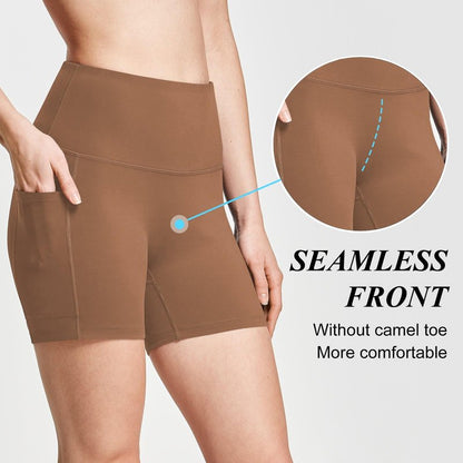 baleaf Biker Shorts Women Yoga Gym Workout Spandex Running Volleyball Tummy Control Compression with Pockets Soft 5" Brown XS