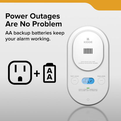 Kidde Carbon Monoxide + Explosive Gas, Natural Gas & Propane Alarm, Plug-in with AA Battery Backup, Digital Backlit Display, 85 dB Alarm, Rotating Plug, LED Status Indicators, 5th Edition, COPDLG