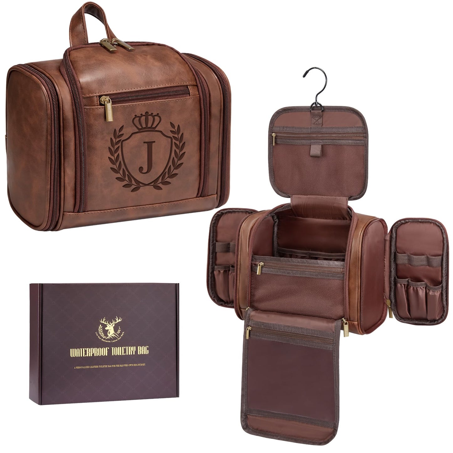 Aganmi Personalized Fathers Day Birthday Gifts for Husband Dad Grandpa Papa from Daughter Son, Unique Mens Large Leather Travel Toiletry Bag Hanging Shaving Dopp Kit Bathroom Shower Cognac Letter J