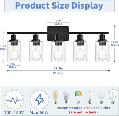 Bathroom Vanity Light Fixtures,5-Light Black Wall Lights for Living Room,Bathroom Light Fixtures Over Mirror,Wall Lamps for Bedroom with Clear Glass Shade for Hallway,Kitchen,Cabinet