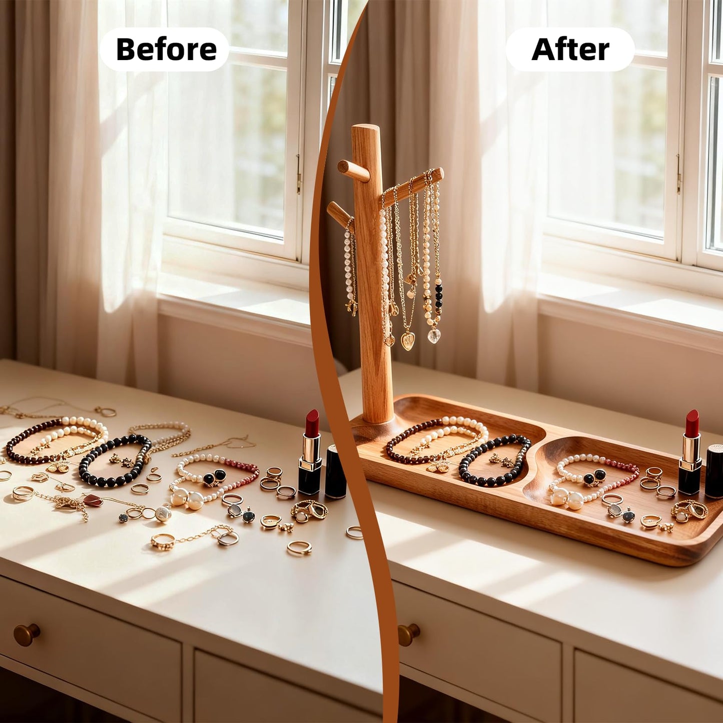 Acacia Wood Key Tray for Entryway Table, Wooden Catchall Organizer with Jewelry Storage Rack, Valet Tray for Keys Wallet Watches Sunglasses Rings(Rectangle)