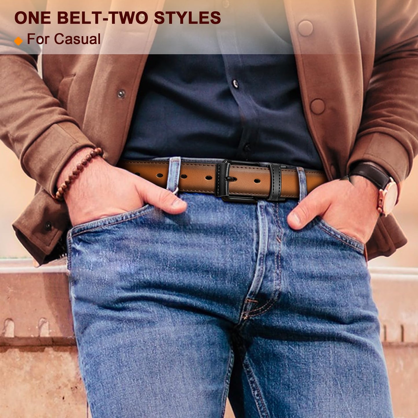 KEMISANT Men Reversible Belt-Leather Belt for Men Dress Casual Jeans 1 3/8",One Reverse For 2 Sides(Black/Tawny,28"-30" Waist Adjustable)