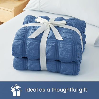 Cozy Bliss Cooling Comforter Seersucker Plaid Twin, Q-Max 0.4 Reversible Lightweight Cooling Blanket, Breathable Silk Smooth Summer Bedding Quilt for Hot Sleepers Night Sweats Denim Blue